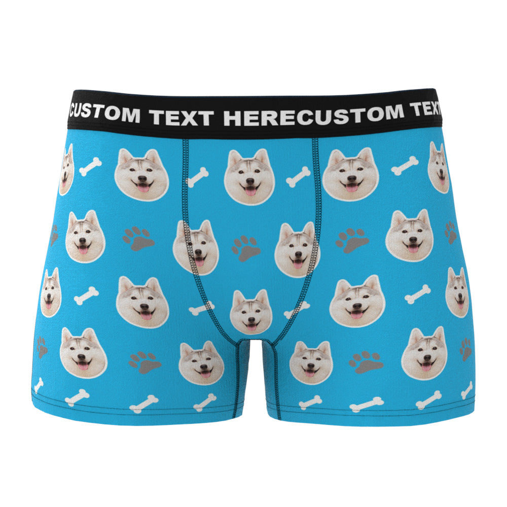 Selection of personalised dog face boxers in multiple colours – black, white, red, blue, green and grey personalised men's boxer briefs