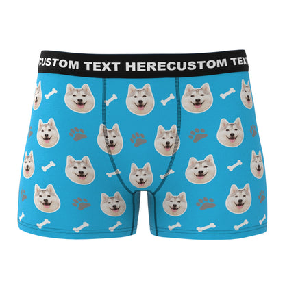 Selection of personalised dog face boxers in multiple colours – black, white, red, blue, green and grey personalised men's boxer briefs