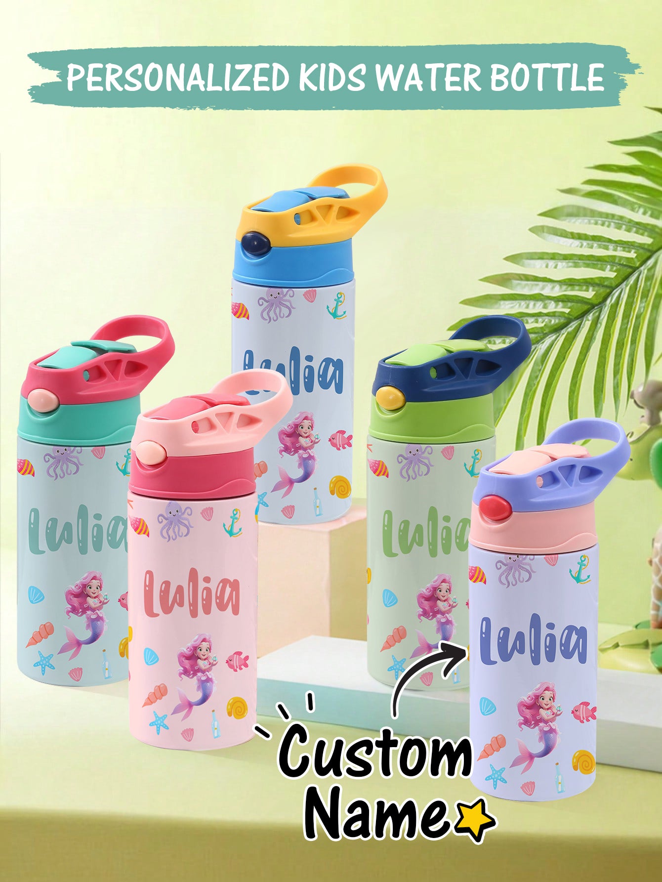 Personalised Mermaid Name Stainless Steel Water Bottle - Children's Day Gift UK