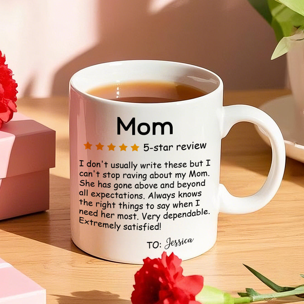 Angled view of personalised five-star review mug showing handle and custom name — ceramic gift for Mother's Day
