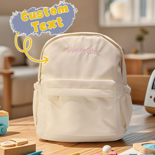 Front view of personalised name embroidery rabbit ear backpack in durable Oxford fabric, a custom kids school bag with secure zip, embroidered name and adjustable straps