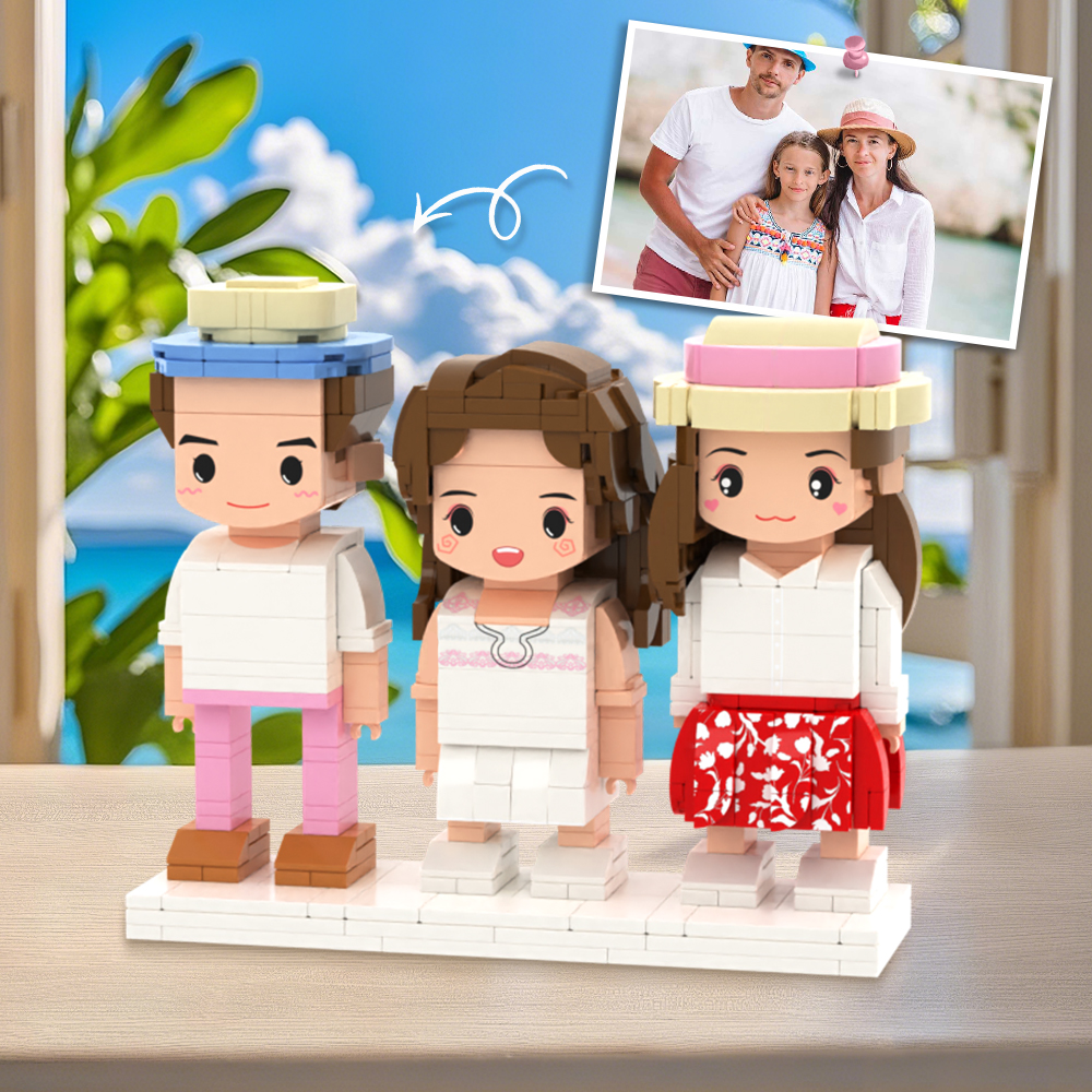 Close-up of AI-generated head on personalised mini brick figure showing facial detail from an uploaded photo - customisable face and body options