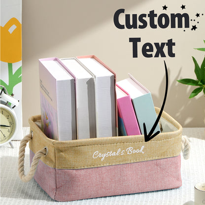 Compact canvas storage box in a home office setup, ideal for book collection organisation.