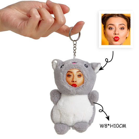 Close-up of a personalised 3D face plush animal keyring showing a custom photo face on soft plush – personalised keyring, custom photo plush keychain