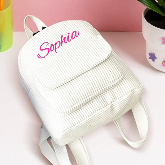 Personalised mini corduroy backpack with embroidered name on front – children's school bag