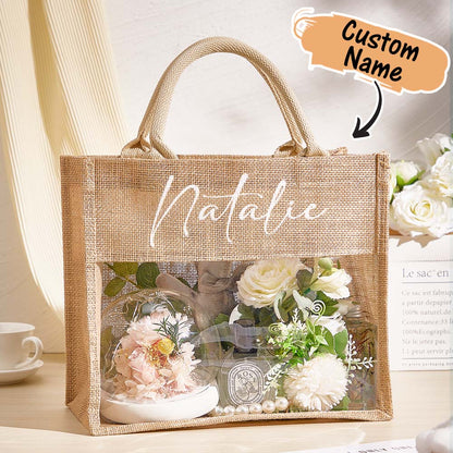 Personalised bridesmaid proposal monogram tote bag in natural burlap – front view showcasing elegant personalised monogram, ideal wedding gift for her