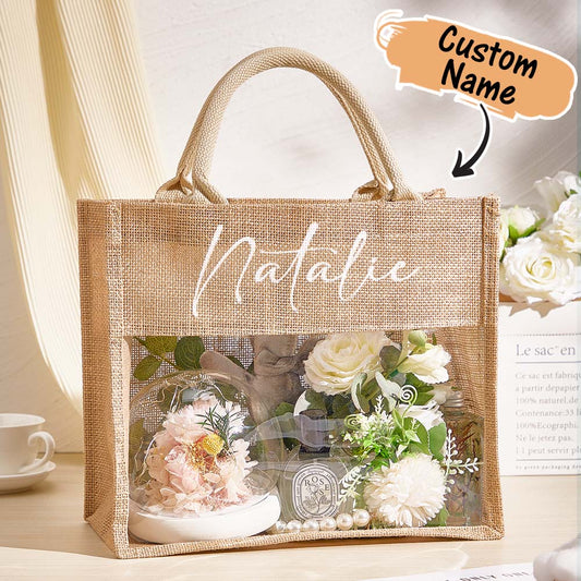 Personalised bridesmaid proposal monogram tote bag in natural burlap – front view showcasing elegant personalised monogram, ideal wedding gift for her