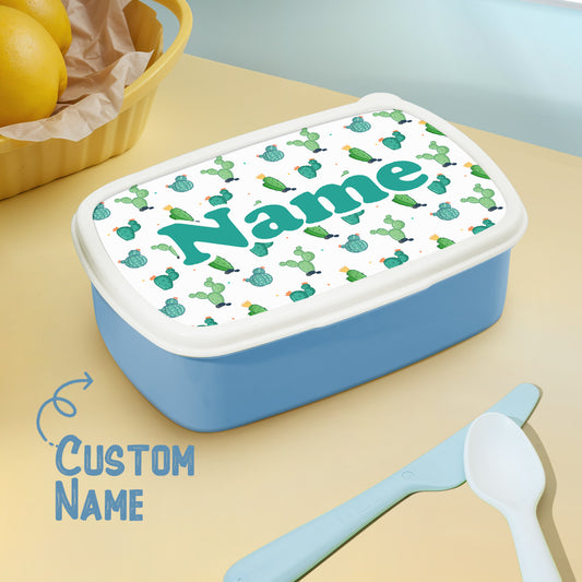 Front view of Personalised Name Lunch Box with cute cartoon cactus print and custom name — ideal personalised kids lunch box for school or birthday gifts