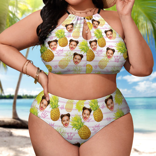 Front view of personalised pineapple custom photo plus-size high-waist bikini — halter top with flattering high-waist briefs, personalised swimwear