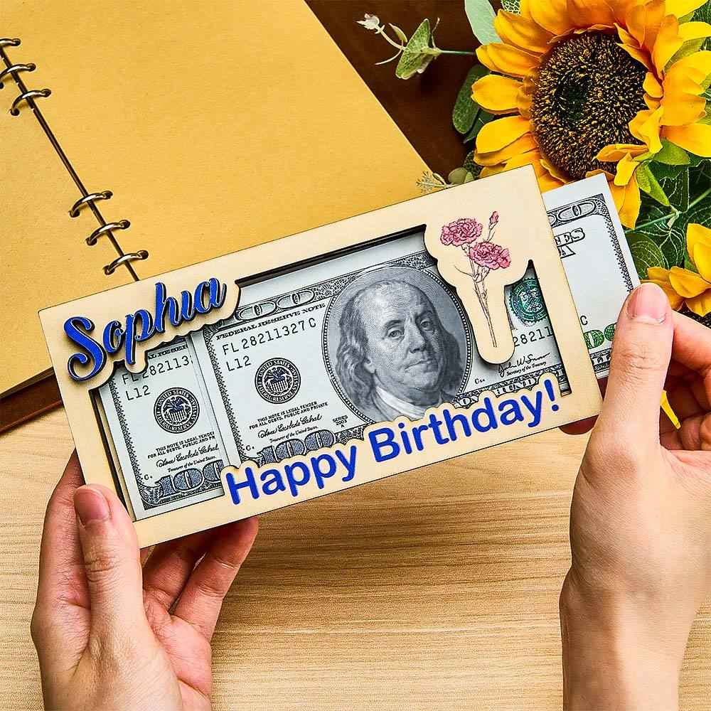 Custom Name & Text Birth Flower Wooden Money Box - Personalized Storage