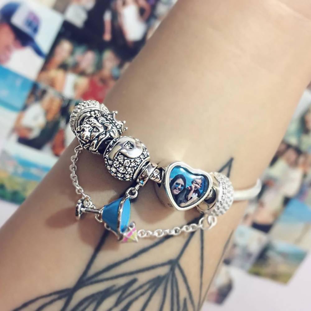 Heart photo charm paired with a charm bracelet and star charms, double-sided personalised engraving for a DIY keepsake bracelet