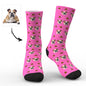Model wearing custom face socks with a personalised pet photo — comfortable, moderate-thickness socks suitable for all seasons