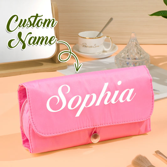 Personalised birth flower make-up brush bag with printed name and floral motif — nylon custom cosmetic pouch, ideal birthday gift for her