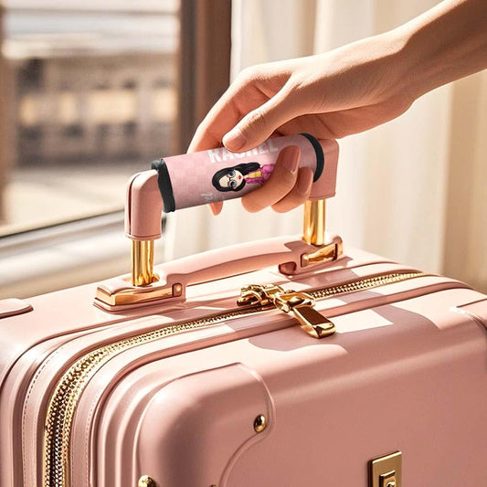 Personalised cartoon neoprene luggage handle wrap with custom name — bright travel ID tag for suitcase