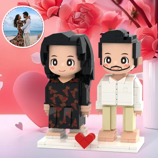 Two personalised full‑body Duddu brick figures in light nougat skin tone — custom 2‑person couple gift for Valentine’s, anniversaries and birthdays