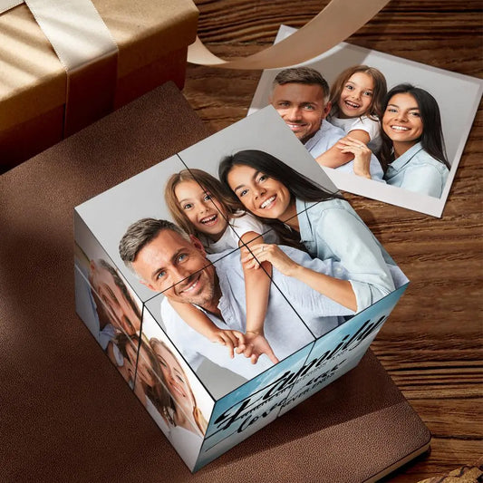 Personalised Photo Magic Cube front view displaying family photos with a subtle sketch effect — custom multiphoto frame gift and compact handmade keepsake