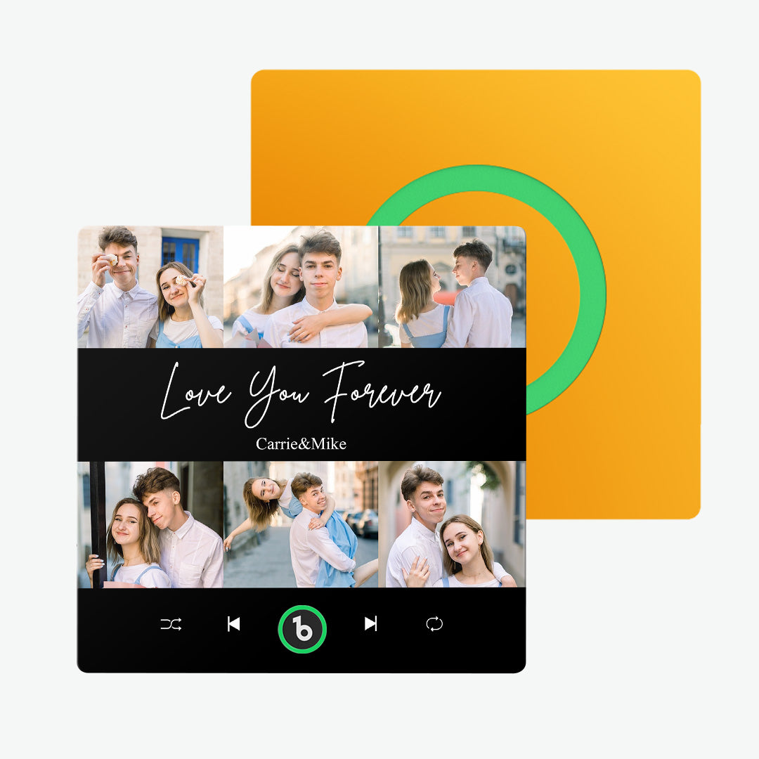 Couple placing a personalised music fridge magnet on their kitchen fridge — romantic Valentine’s Day gift, singing fridge magnet