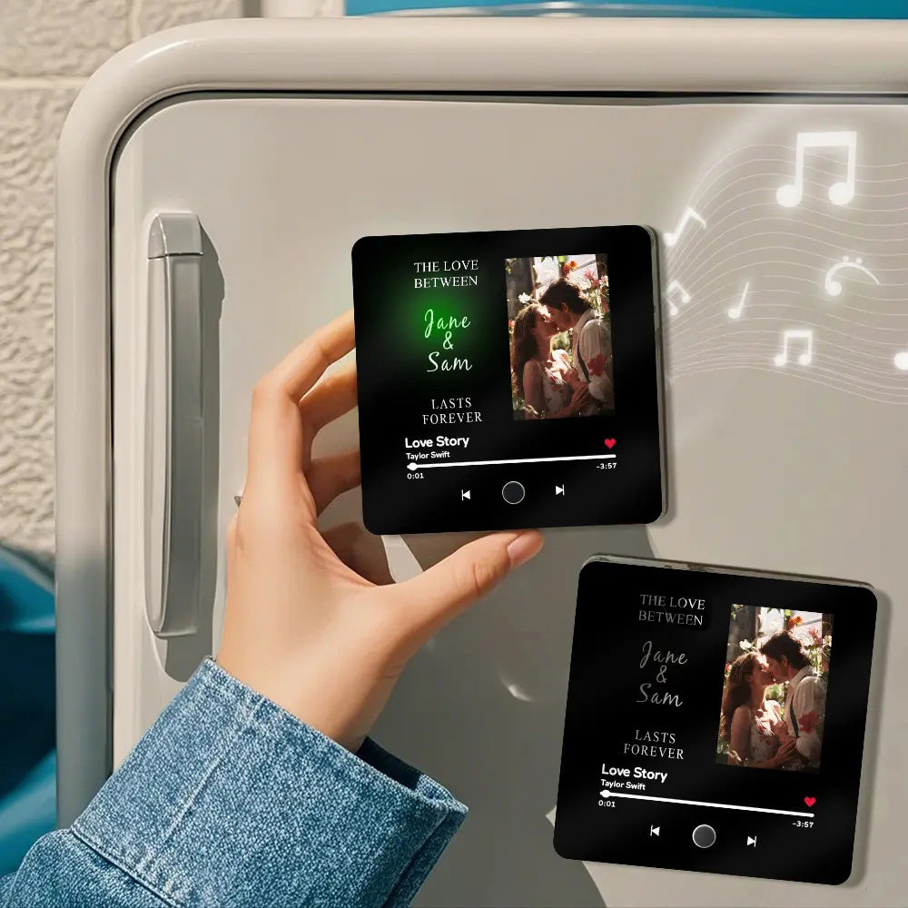 Close-up of laser-engraved photo and personalised inscription on a clear acrylic music fridge magnet — unique keepsake and photo gift