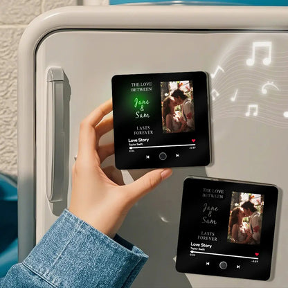 Close-up of laser-engraved photo and personalised inscription on a clear acrylic music fridge magnet — unique keepsake and photo gift