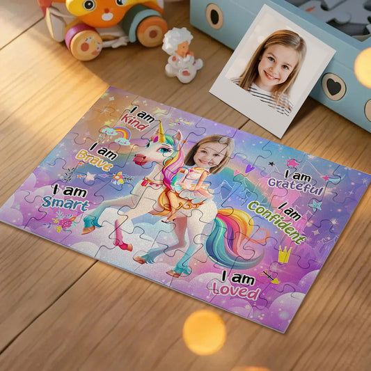 Personalised photo jigsaw with unicorn princess background and child's portrait in the centre — ideal personalised gift for kids