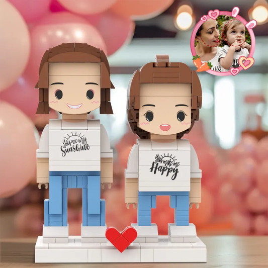 Personalised two-person photo brick figures wearing 'You Are My Sunshine' matching shirts — custom Gift for Mum, ABS keepsake made from your photos