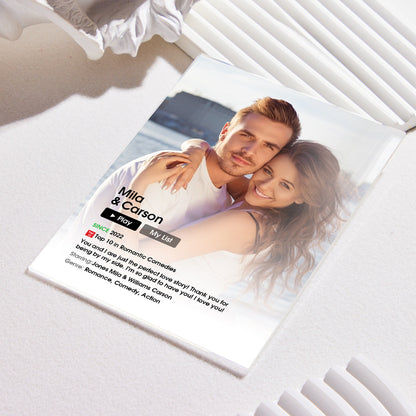 Angled view of a personalised acrylic movie poster plaque showing a custom photo, year and short quote — bespoke custom photo & text keepsake made from recyclable acrylic