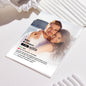 Angled view of a personalised acrylic movie poster plaque showing a custom photo, year and short quote — bespoke custom photo & text keepsake made from recyclable acrylic