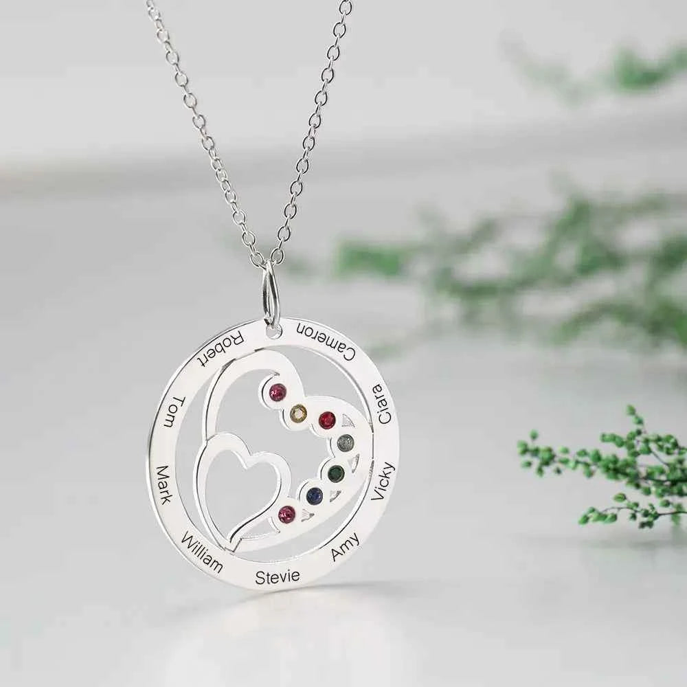 Round and Heart Engraved Necklace with Custom Birthstones