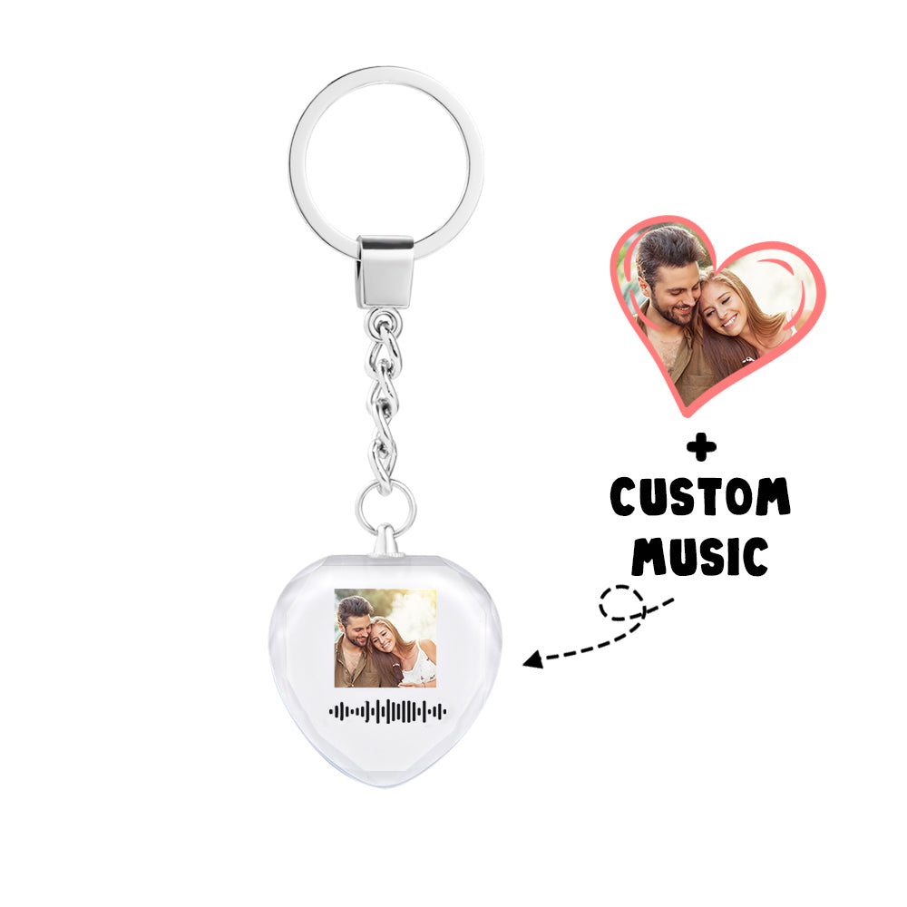 Double-sided view of personalised heart crystal keyring showing two photos and bright transparent clarity – ideal anniversary gift