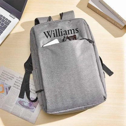 Model wearing the personalised name backpack on campus — stylish custom 15.6-inch laptop backpack for college and school