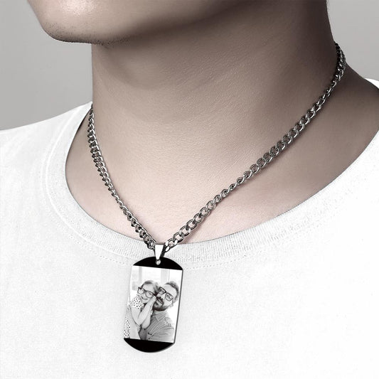 Personalised black stainless steel dog tag necklace with laser-engraved photo and custom calendar on a 45cm thick chain