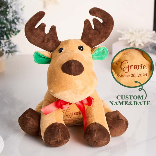 Front-facing personalised moose plush teddy with custom text on the belly — gender-neutral baby shower gift, soft plush filled with PP cotton, 32 cm x 28 cm
