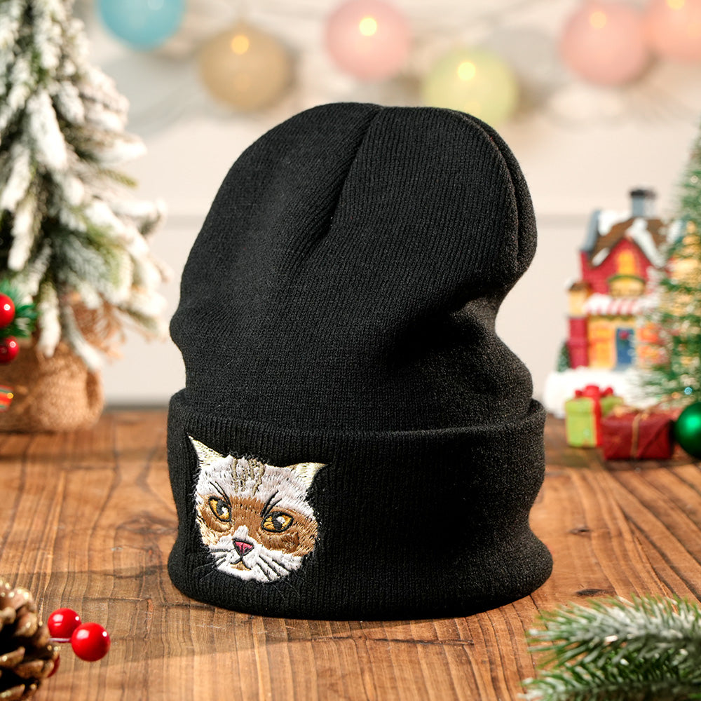Personalised embroidered pet beanie front view showing a custom stitched pet portrait on a cosy knit hat — perfect custom knit hat for pet lovers
