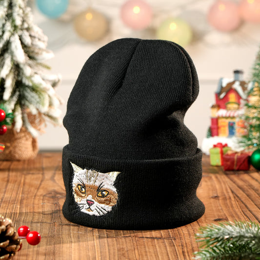 Personalised embroidered pet beanie front view showing a custom stitched pet portrait on a cosy knit hat — perfect custom knit hat for pet lovers