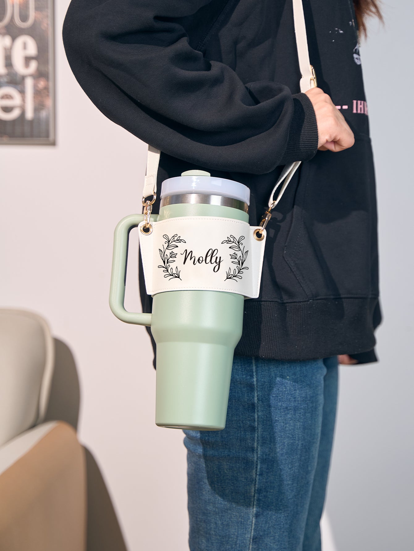 Close-up of floral print and neat stitching on personalised PU leather 40oz tumbler carrier — premium finish