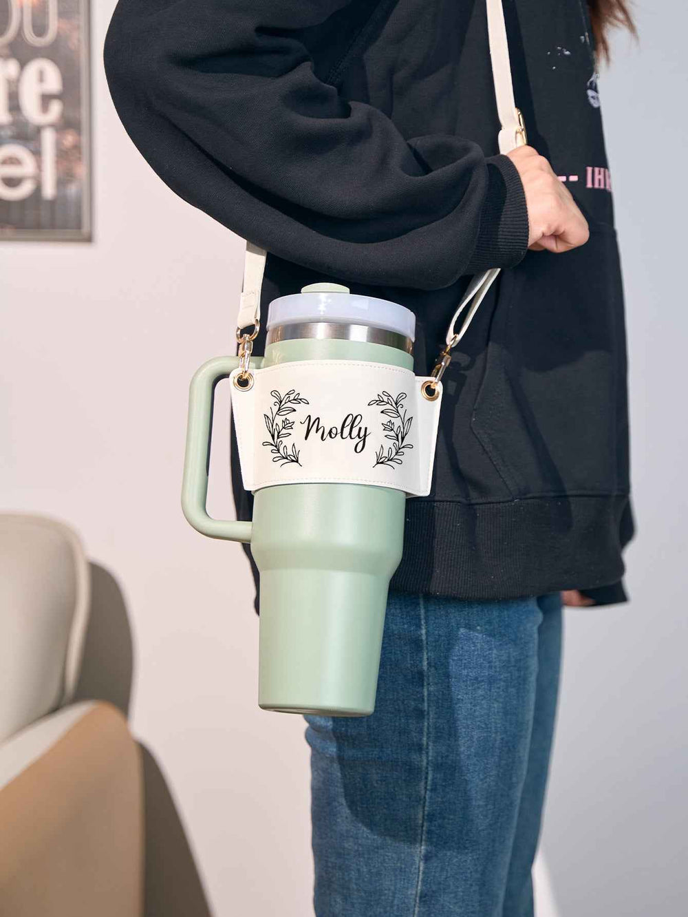 Custom Floral Pattern Water Bottle Carrier Bag with Adjustable Strap for 40oz Stanley Tumbler Gift for Women