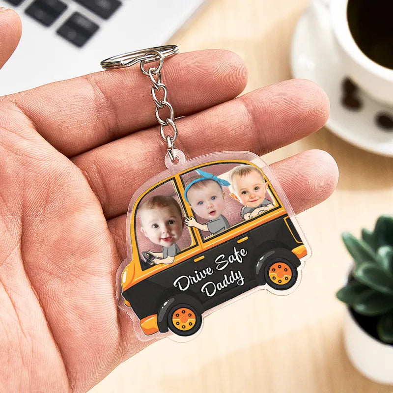 Personalised Drive Safe keyring — Style D three-kids acrylic keychain, meaningful personalised keepsake for Dad