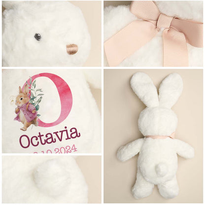 Hand-held personalised bunny plush for babies, lightweight and cuddly with embroidered custom name