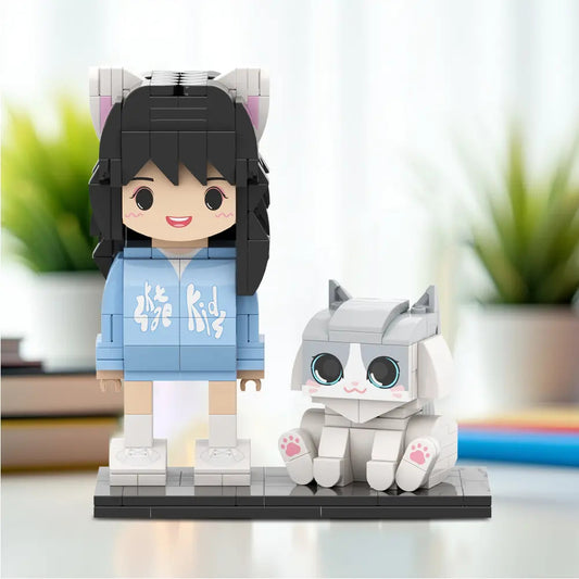 Personalised full‑body custom brick figure of a cute cat small‑block toy, showing detailed fur pattern, expressive face and miniature clothing — bespoke custom mini figure gift