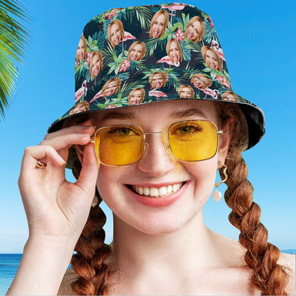 Two Custom Face Flower Bucket Hats side by side demonstrating unisex sizing options and versatile personalised designs