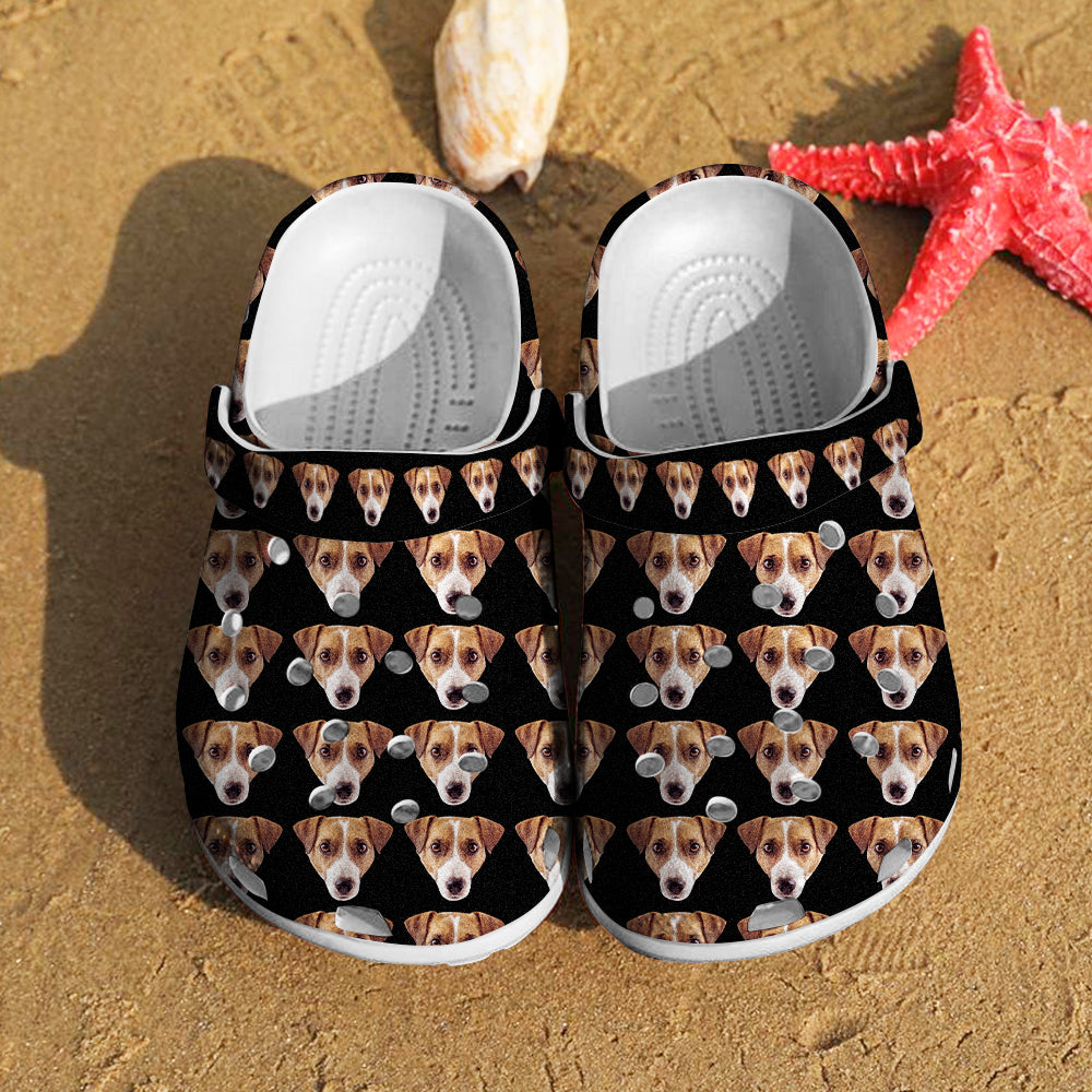 Collection of personalised pet face clogs in different colours and sizes — custom name slippers available in EU sizes 36–48, perfect for gifting