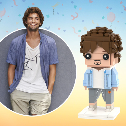 Personalised 3D photo brick figure with AI-generated lifelike head on a custom block body — custom mini block toy and personalised photo gift