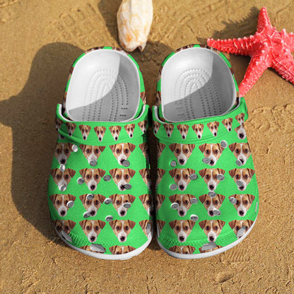 Teen wearing personalised funny pet face clogs featuring a printed pet image and name — fun custom name slippers for students and pet owners