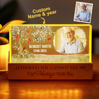 Personalised memorial night light with a custom photo on clear acrylic, 15 cm by 7 cm, ideal for bedside display.