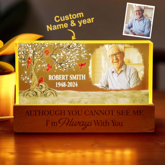 Personalised memorial night light with a custom photo on clear acrylic, 15 cm by 7 cm, ideal for bedside display.