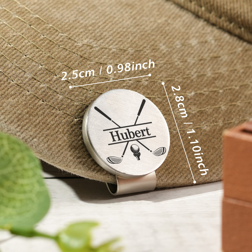 Selection of personalised magnetic hat clips with different engraved names – custom golf accessory for groomsmen, dads and Father’s Day presents