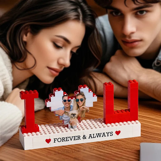 Personalised 'I Love You' photo brick puzzle assembled on free-standing ABS display — custom photo block gift