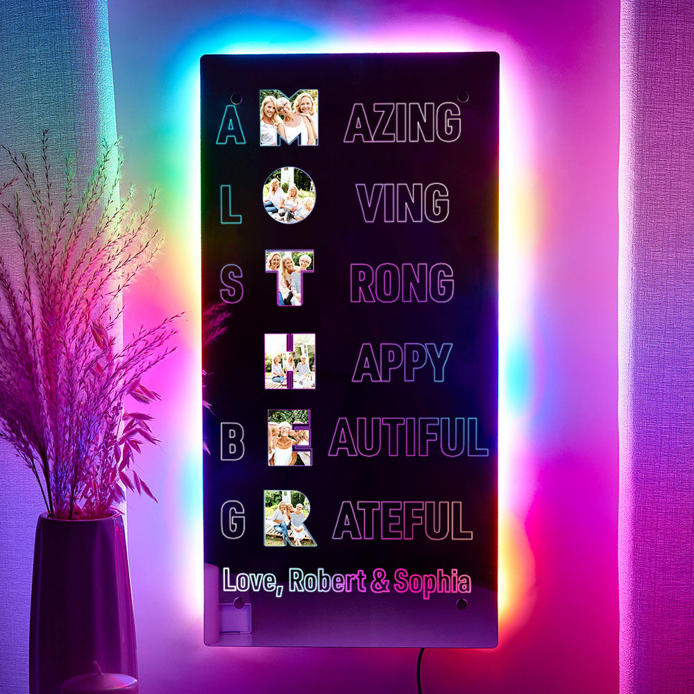 Personalised Mother's Day mirror light on a bedside table, soft LED illumination — bespoke gift for Mum