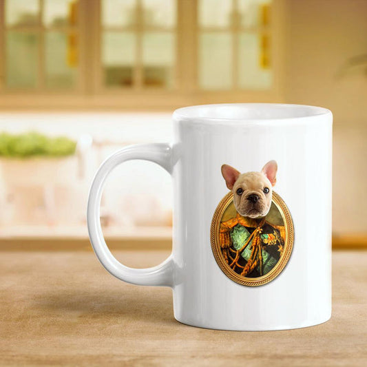 Personalised dog face mug — white ceramic coffee mug with full‑colour custom pet photo of a dog’s face, perfect personalised pet mug gift