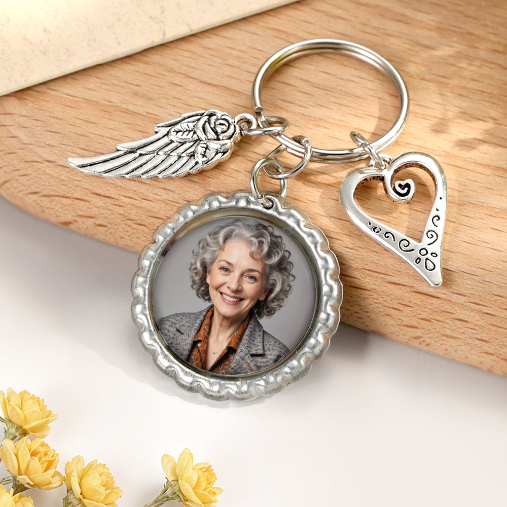 Personalised Photo Heart Wing Keychain – circular alloy pendant with heart and wings, photo insert and engraved custom text, memorial keepsake